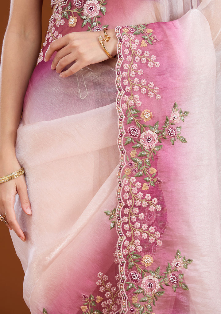 Cream Threadwork Tissue Saree