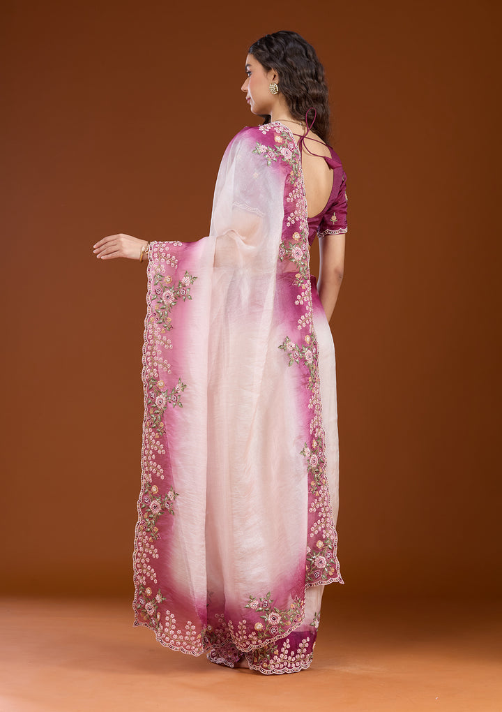 Cream Threadwork Tissue Saree