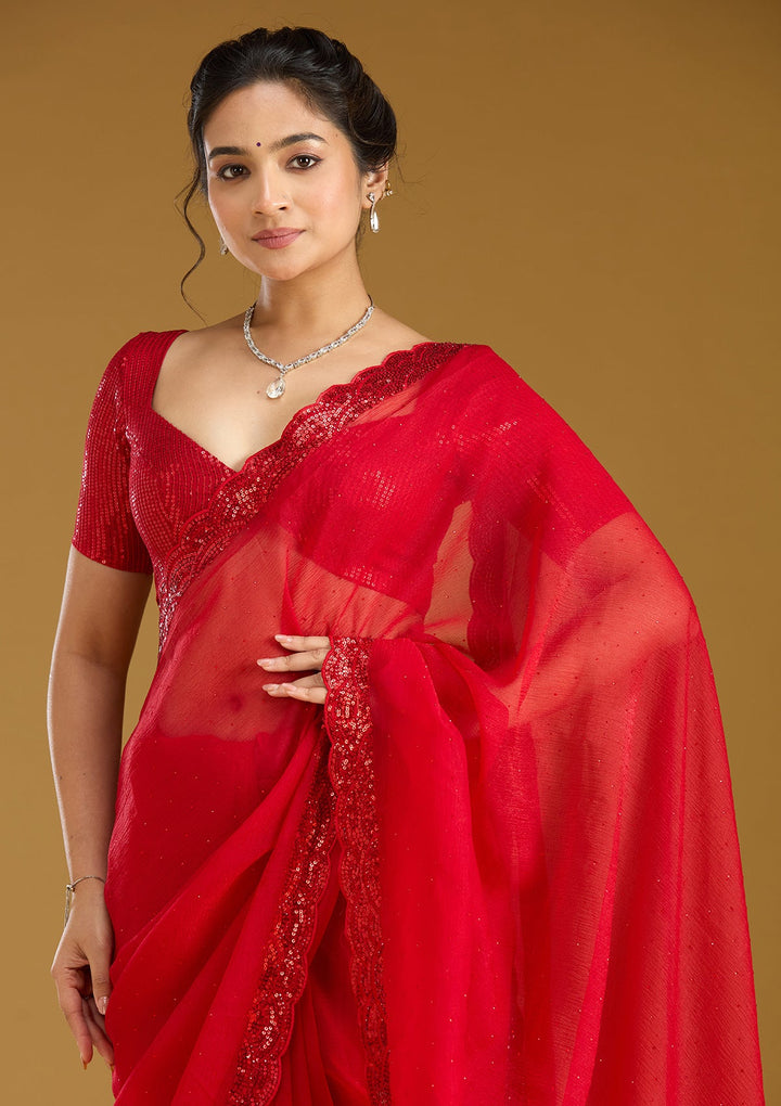 Red Sequins Chiffon Saree