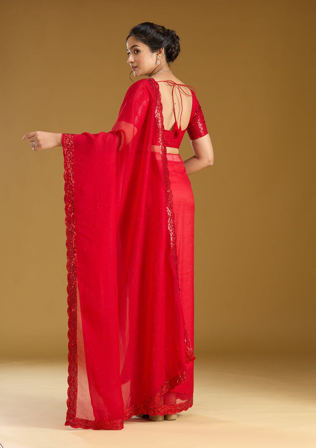 Red Sequins Chiffon Saree