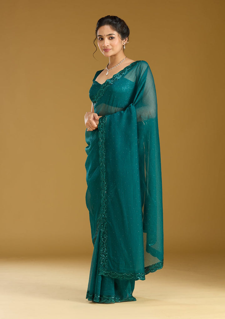 Teal Green Sequins Chiffon Saree