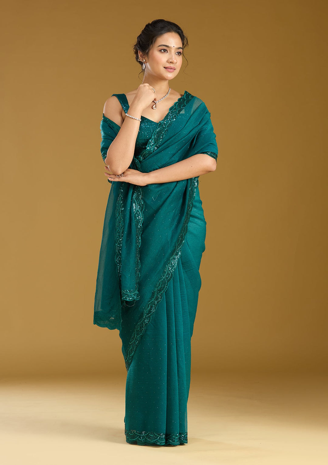 Teal Green Sequins Chiffon Saree