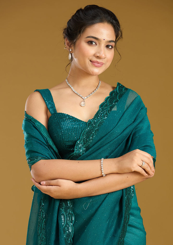 Teal Green Sequins Chiffon Saree