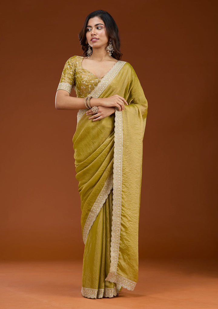Lime Green Zariwork (Silver) Tissue Saree_koskii