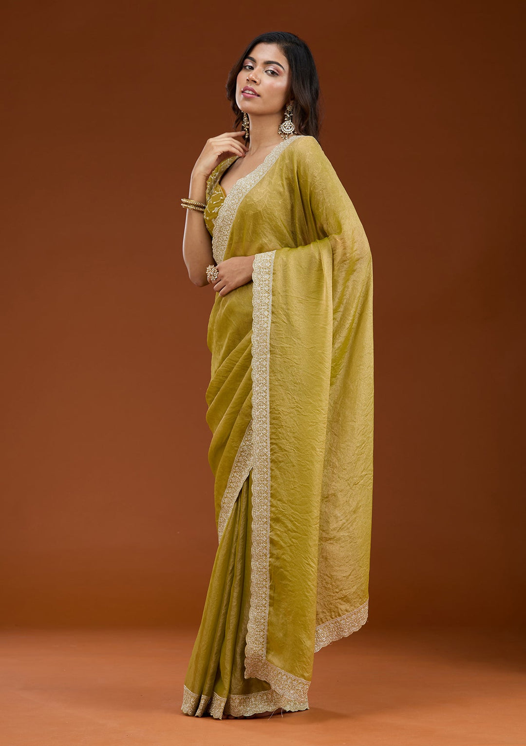 Lime Green Zariwork (Silver) Tissue Saree_koskii