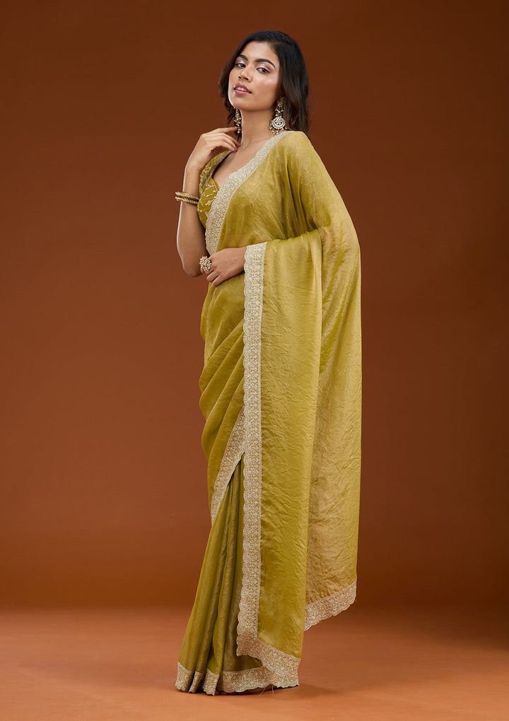 Lime Green Zariwork (Silver) Tissue Saree_koskii