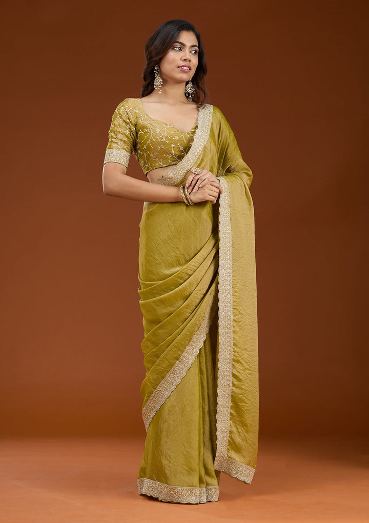 Lime Green Zariwork (Silver) Tissue Saree_koskii
