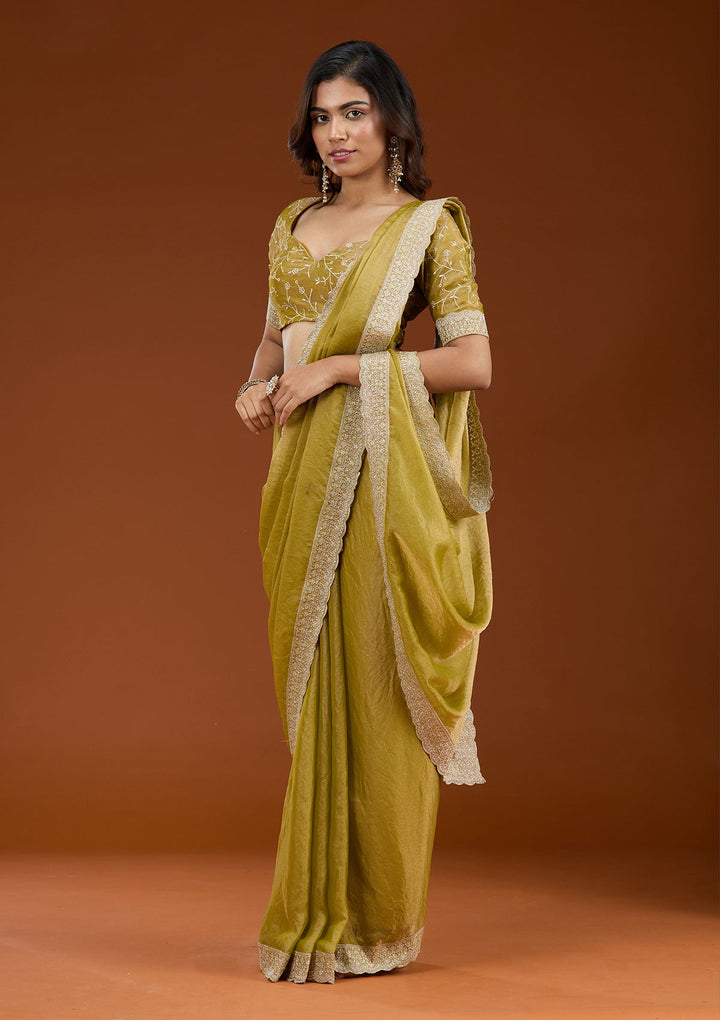 Lime Green Zariwork (Silver) Tissue Saree_koskii
