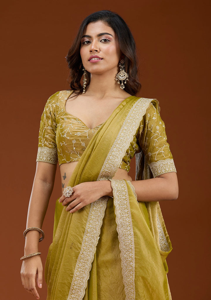 Lime Green Zariwork (Silver) Tissue Saree_koskii