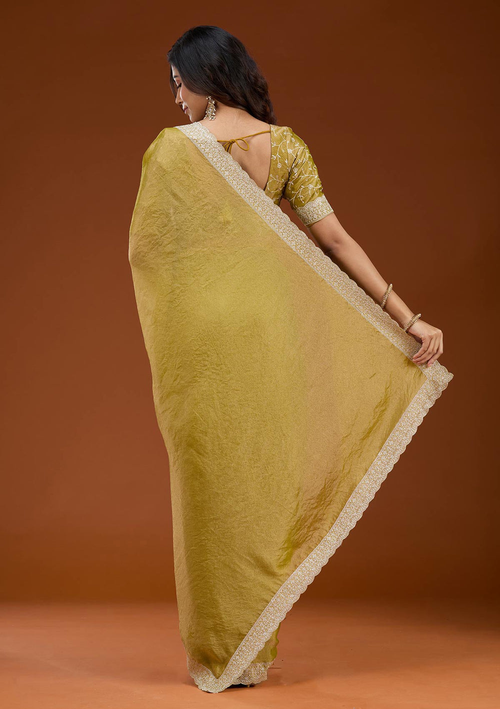 Lime Green Zariwork (Silver) Tissue Saree_koskii