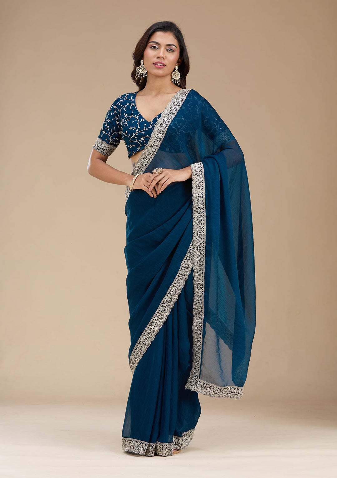 Navy Blue Zariwork (Silver) Tissue Saree_koskii