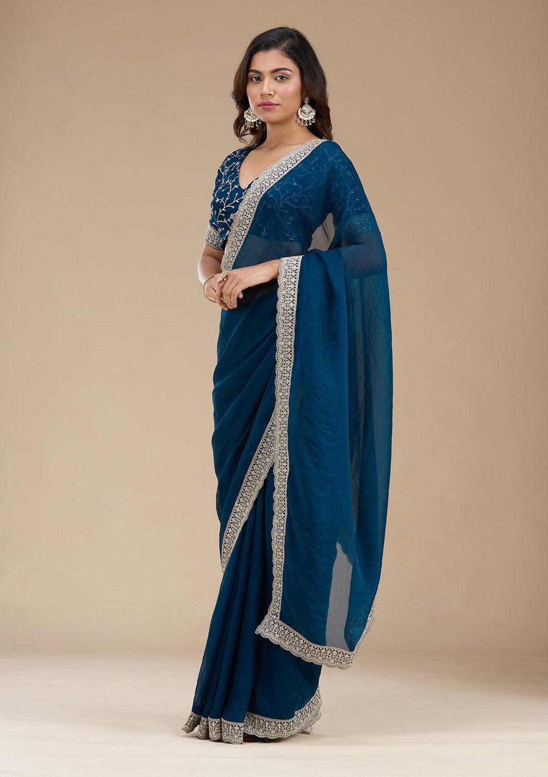 Navy Blue Zariwork (Silver) Tissue Saree_koskii