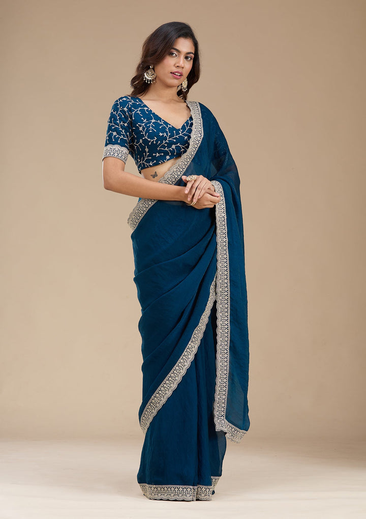 Navy Blue Zariwork (Silver) Tissue Saree_koskii