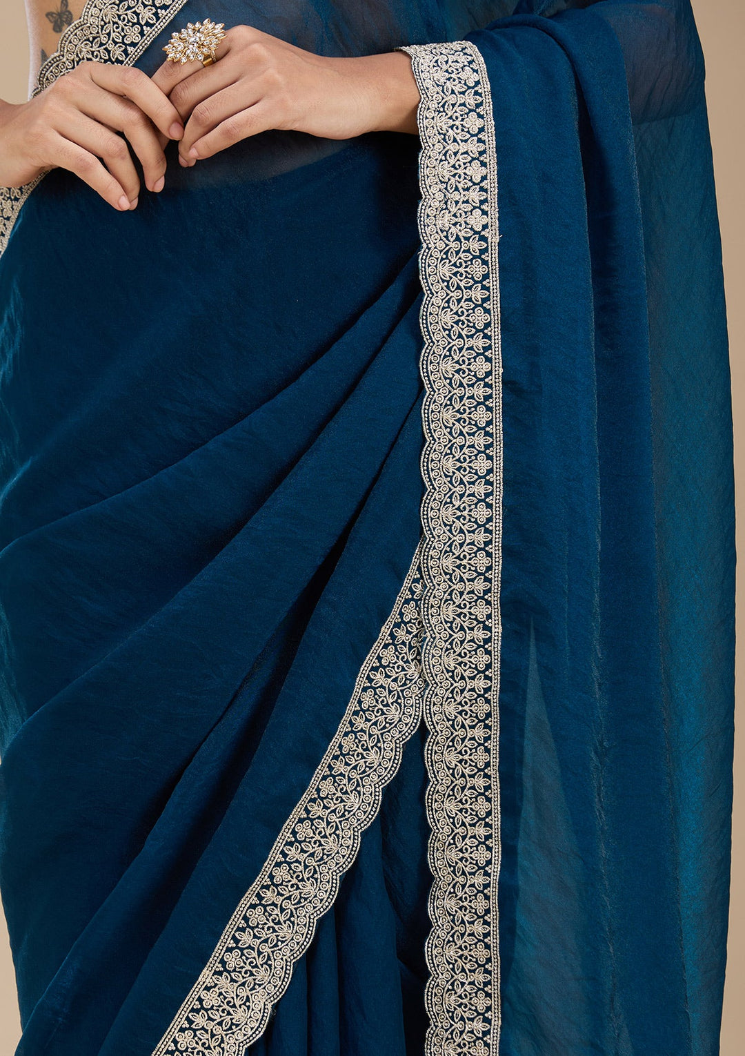 Navy Blue Zariwork (Silver) Tissue Saree_koskii