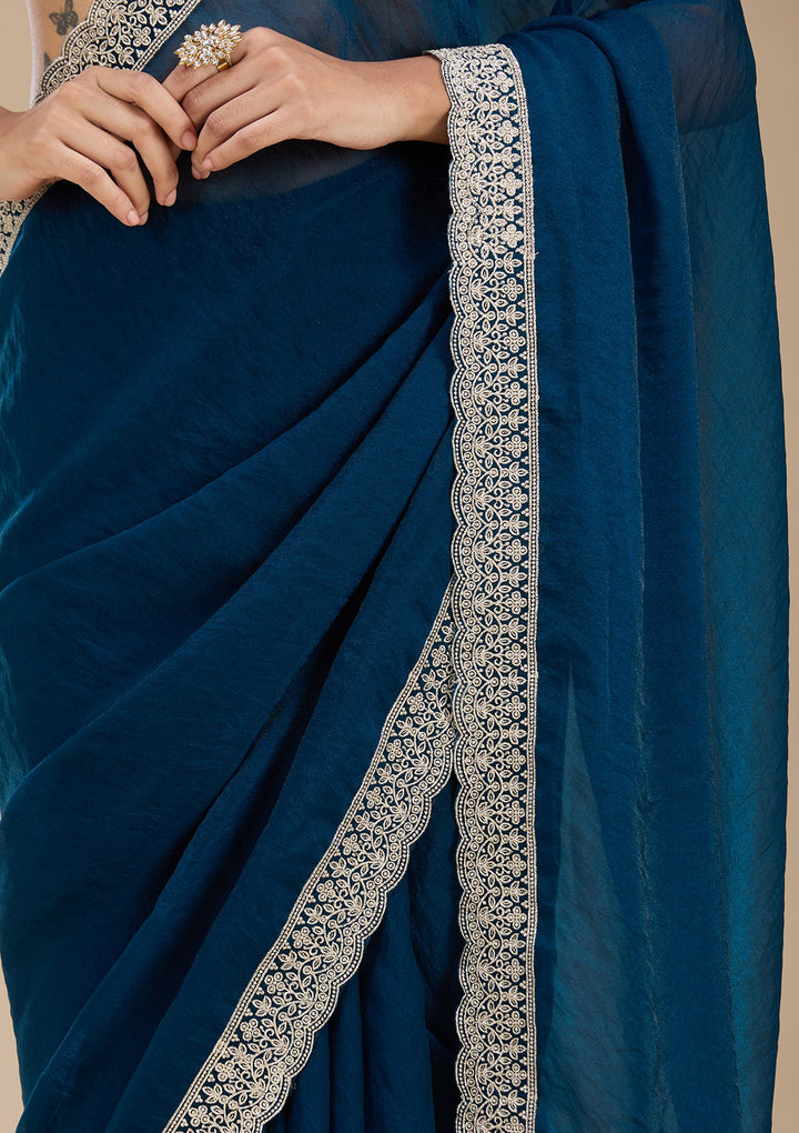 Navy Blue Zariwork (Silver) Tissue Saree_koskii