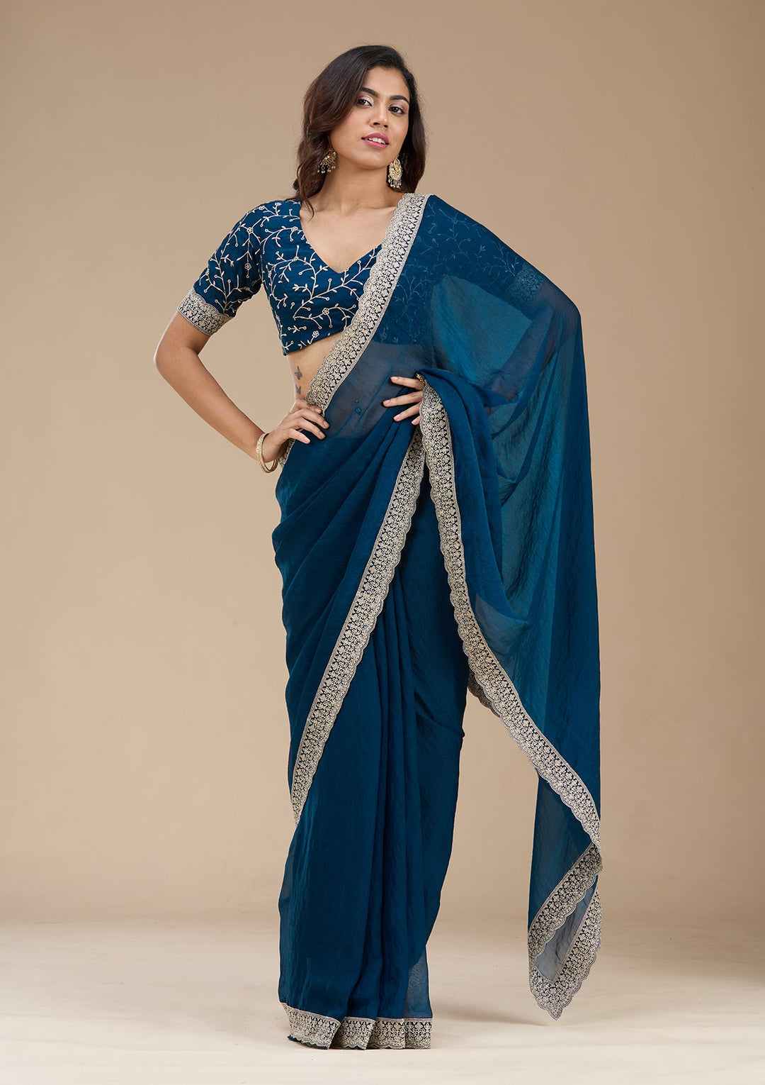 Navy Blue Zariwork (Silver) Tissue Saree_koskii