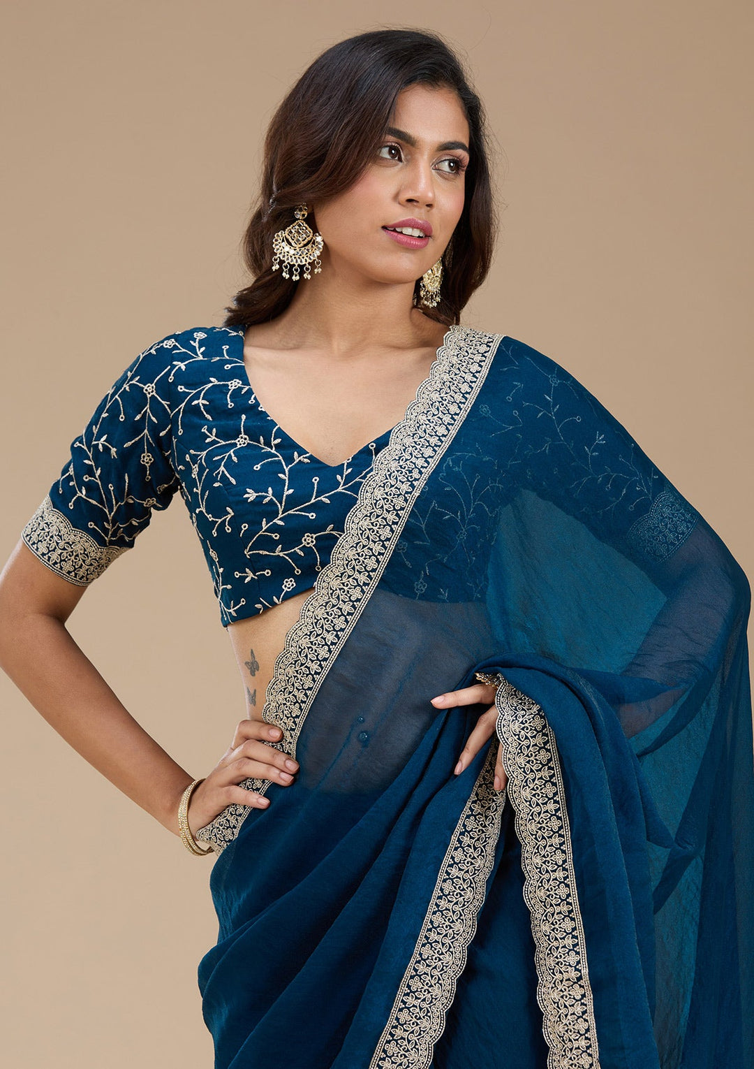 Navy Blue Zariwork (Silver) Tissue Saree_koskii
