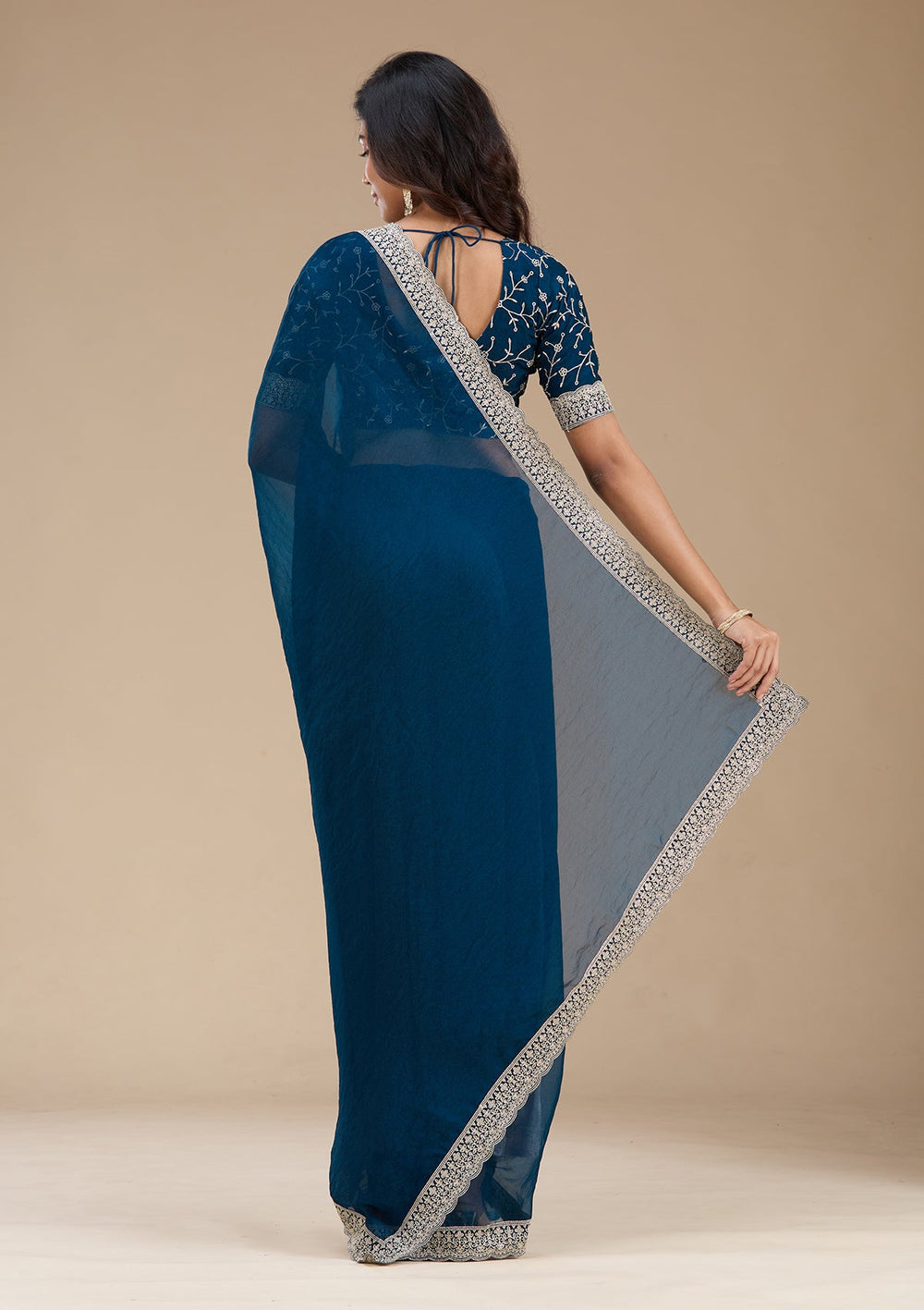 Navy Blue Zariwork (Silver) Tissue Saree_koskii