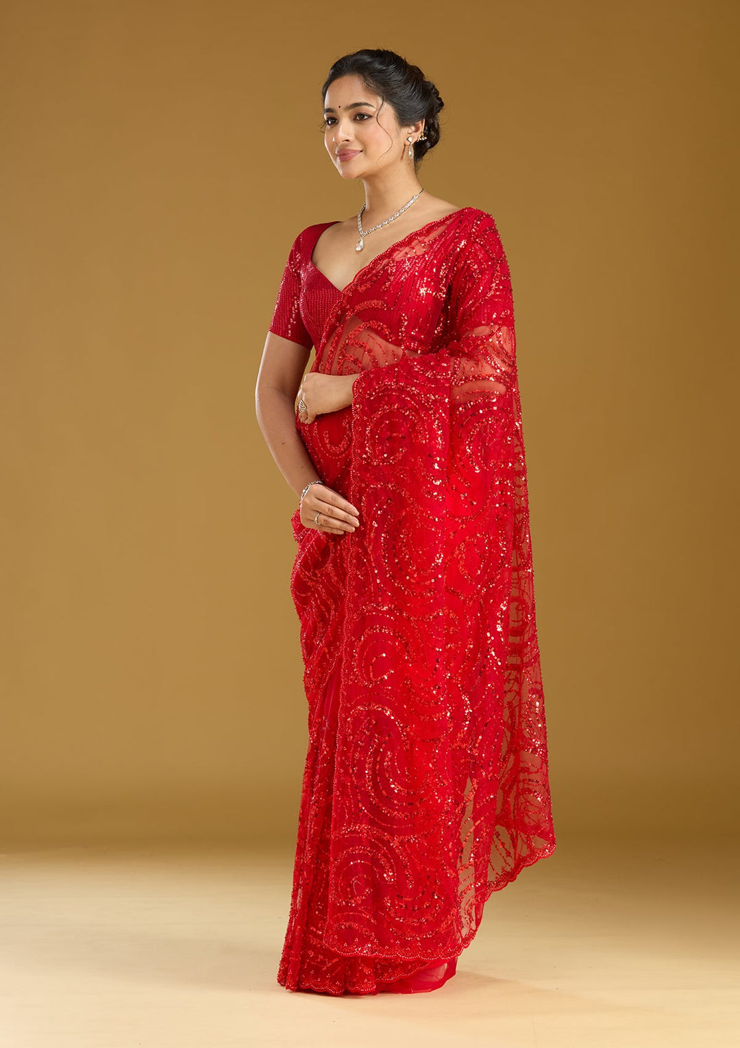 Maroon Sequins Net Saree