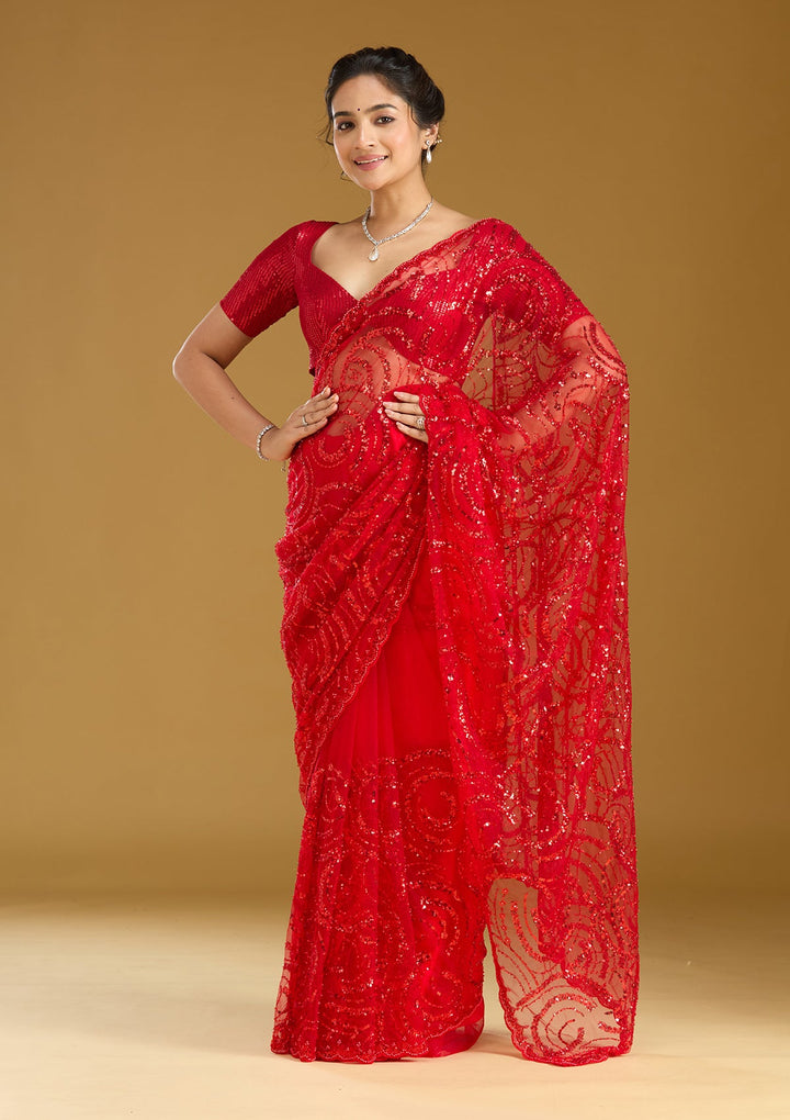 Maroon Sequins Net Saree
