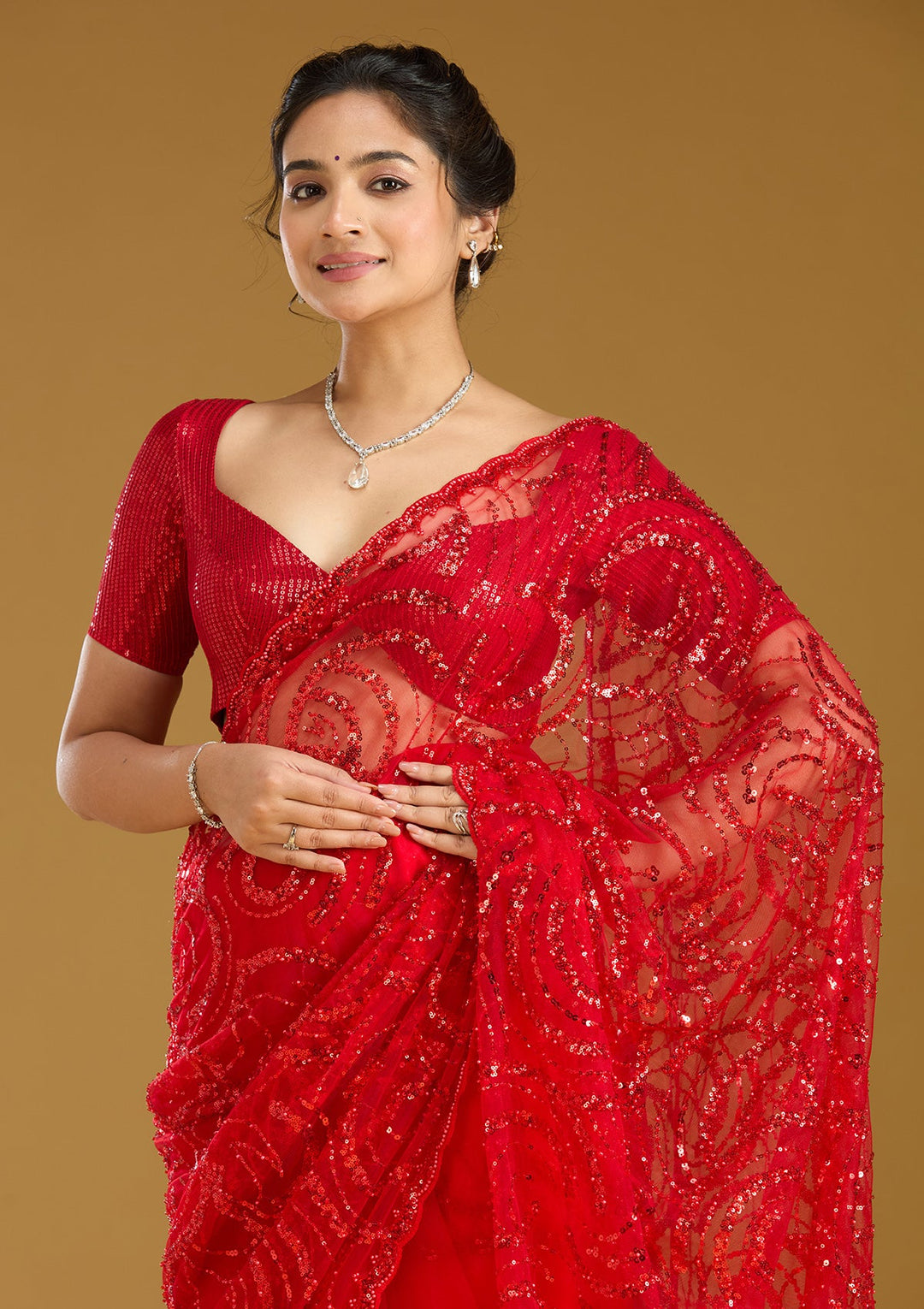 Maroon Sequins Net Saree