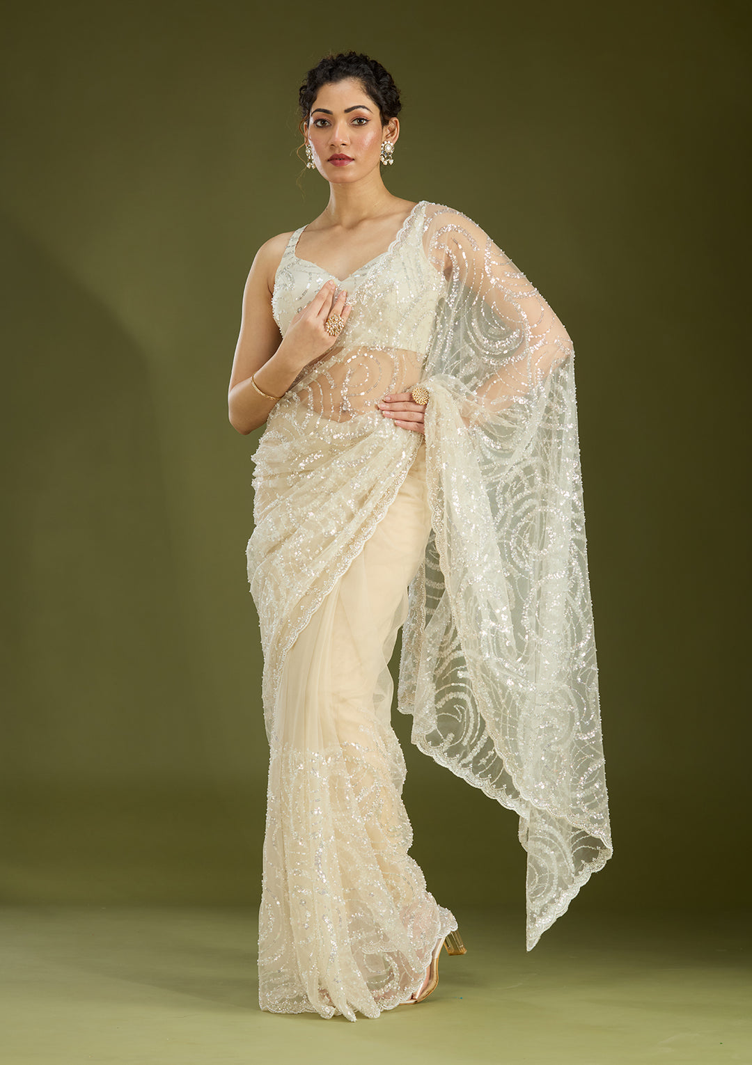 Off White Sequins Net Saree