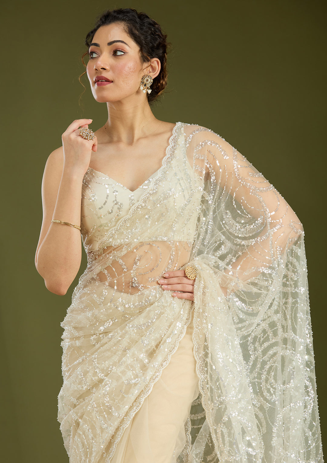 Off White Sequins Net Saree