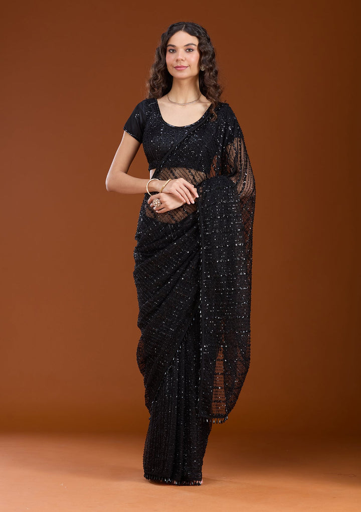 Black Sequins Net Saree