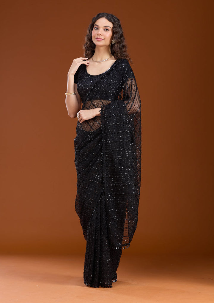 Black Sequins Net Saree