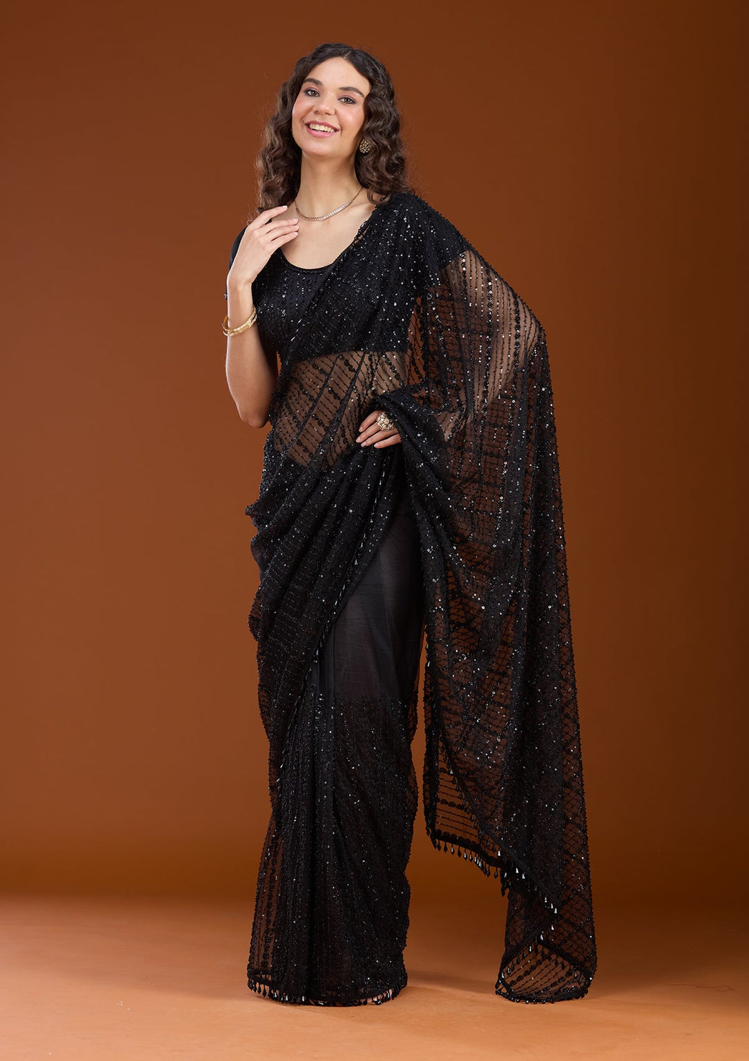 Black Sequins Net Saree