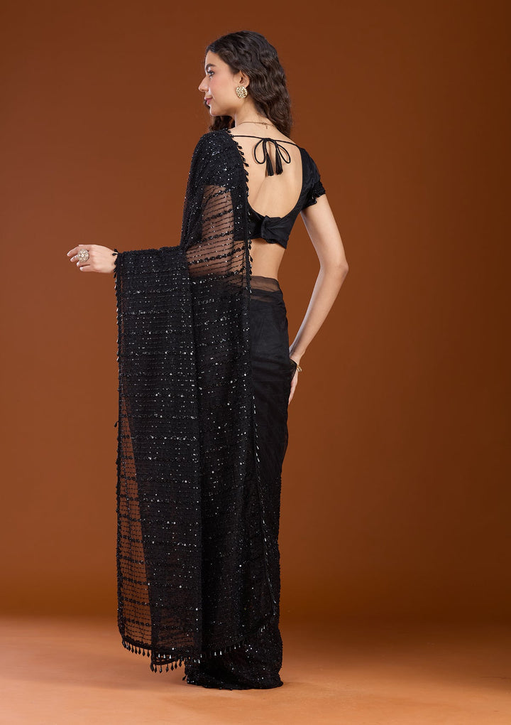 Black Sequins Net Saree