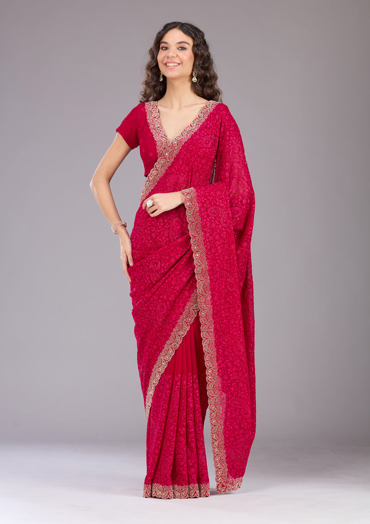 Magenta Pink Threadwork Georgette Saree