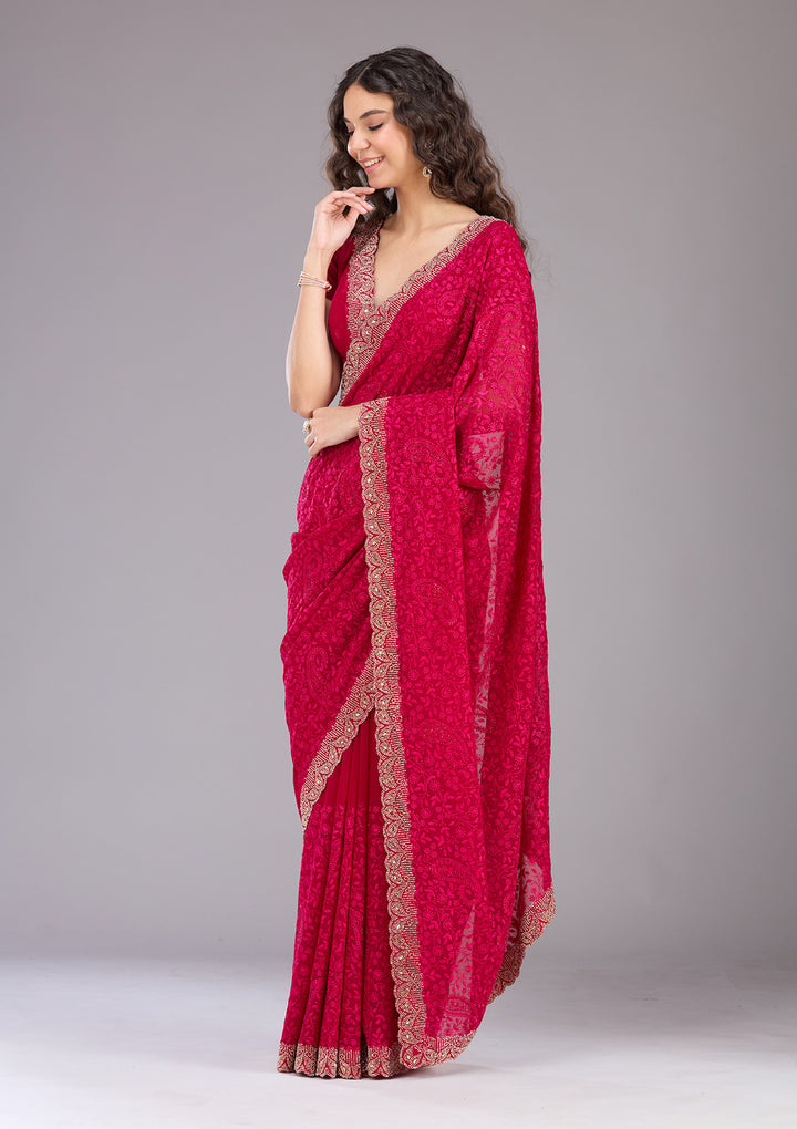 Magenta Pink Threadwork Georgette Saree