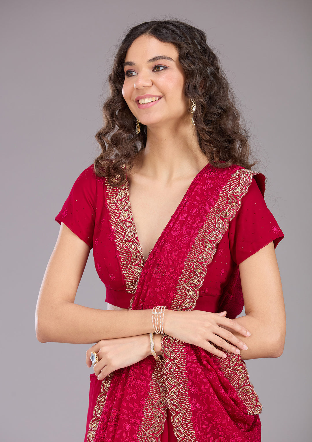 Magenta Pink Threadwork Georgette Saree