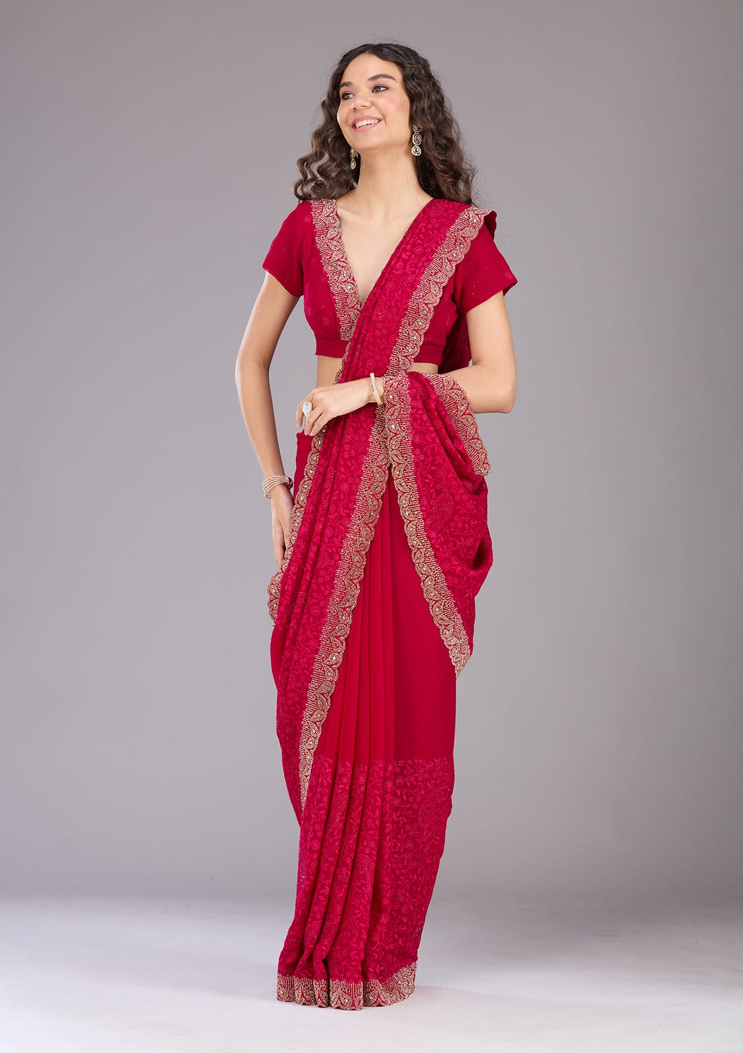 Peacock Blue Threadwork Georgette Saree