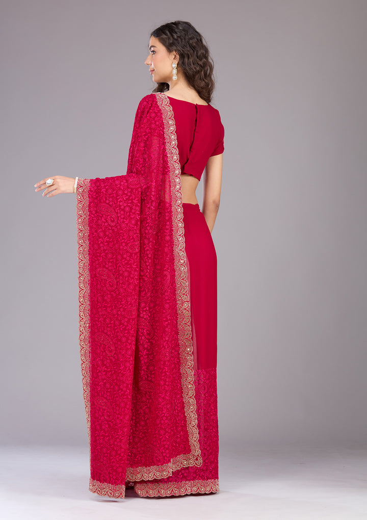 Magenta Pink Threadwork Georgette Saree
