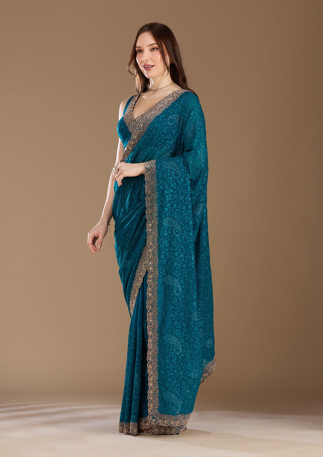 Magenta Pink Threadwork Georgette Saree