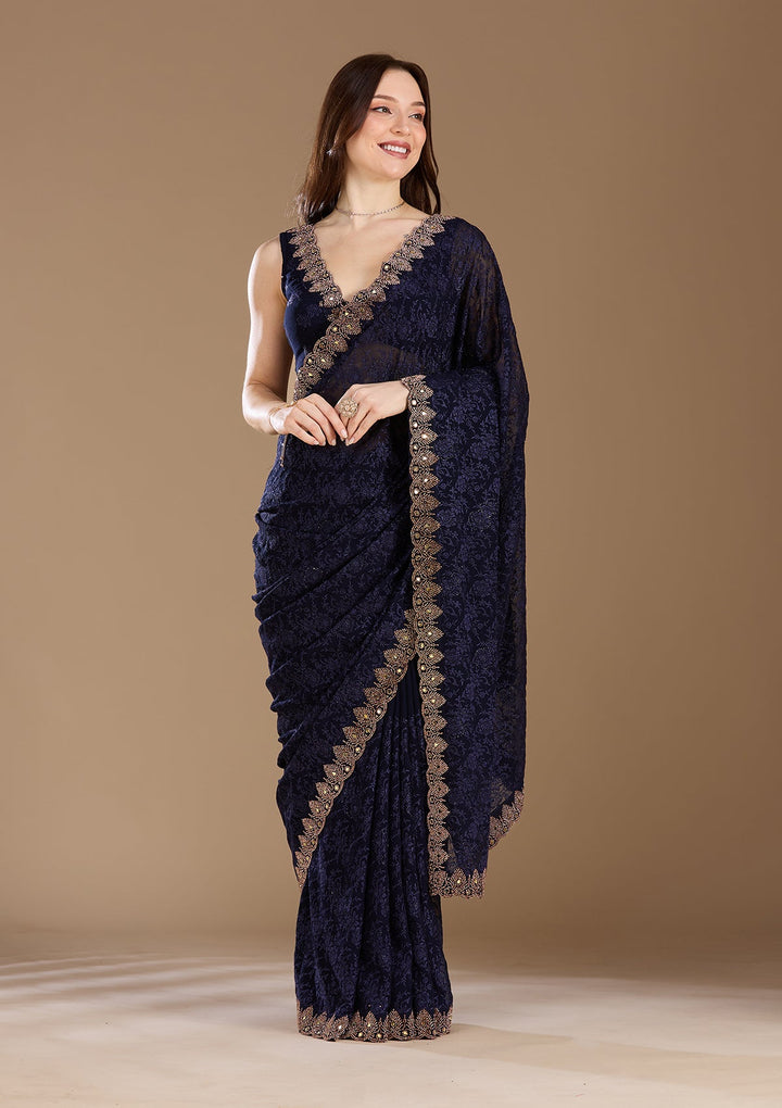Navy Blue Threadwork Georgette Saree