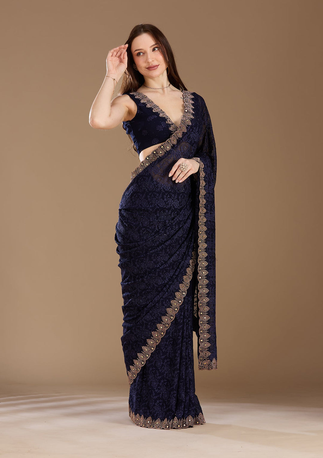Navy Blue Threadwork Georgette Saree