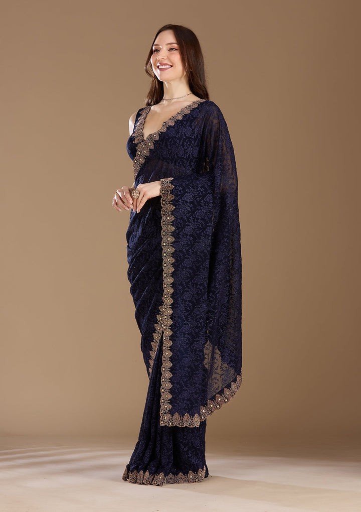 Navy Blue Threadwork Georgette Saree