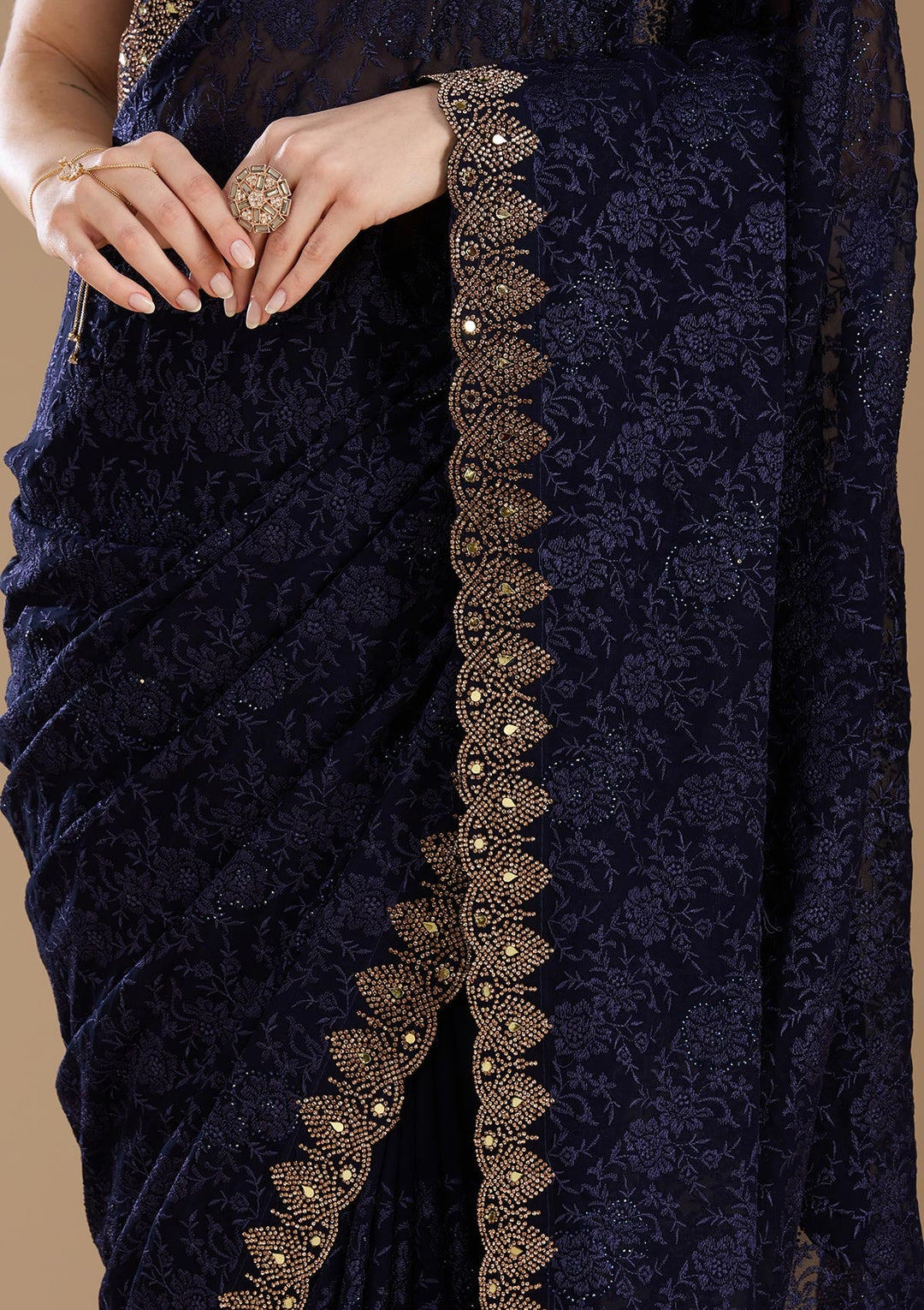 Navy Blue Threadwork Georgette Saree