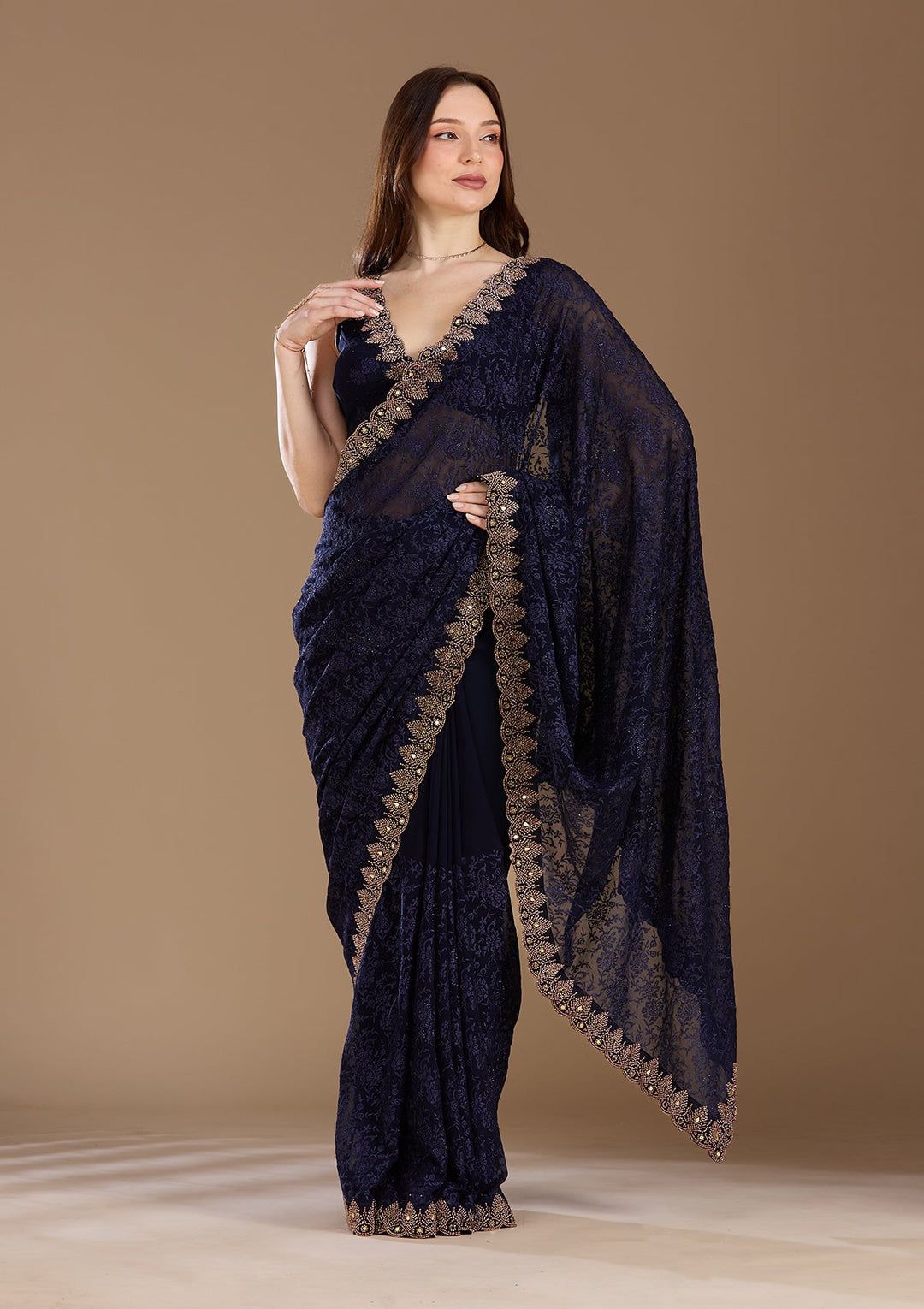 Navy Blue Threadwork Georgette Saree