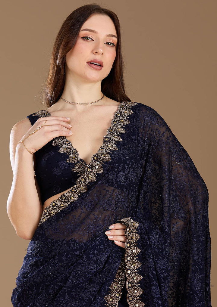 Navy Blue Threadwork Georgette Saree