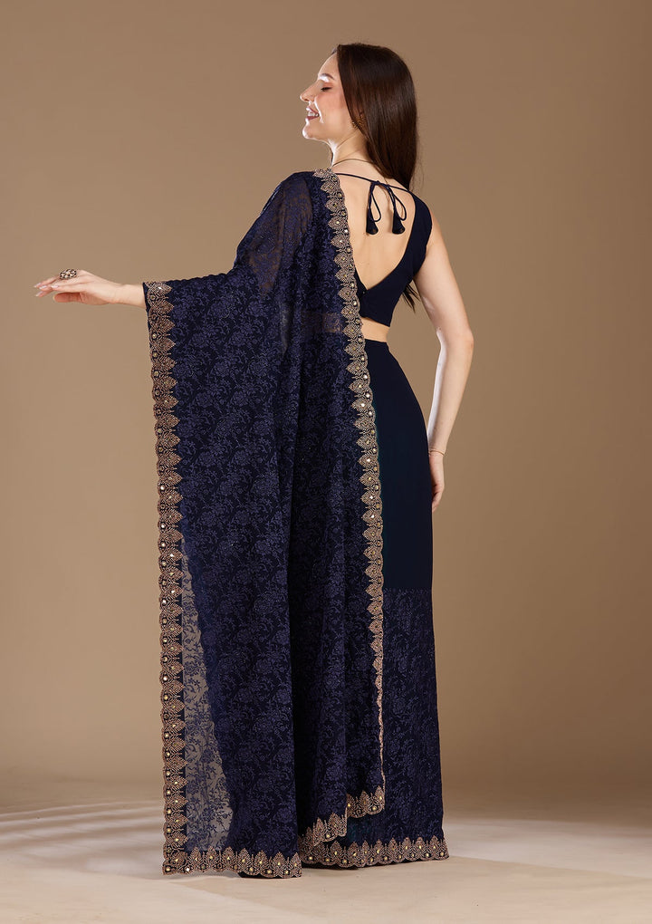 Navy Blue Threadwork Georgette Saree
