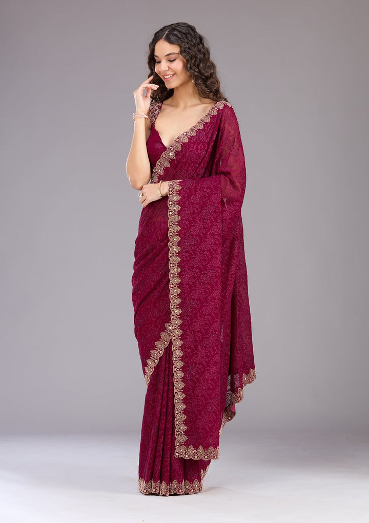 Wine Threadwork Georgette Saree