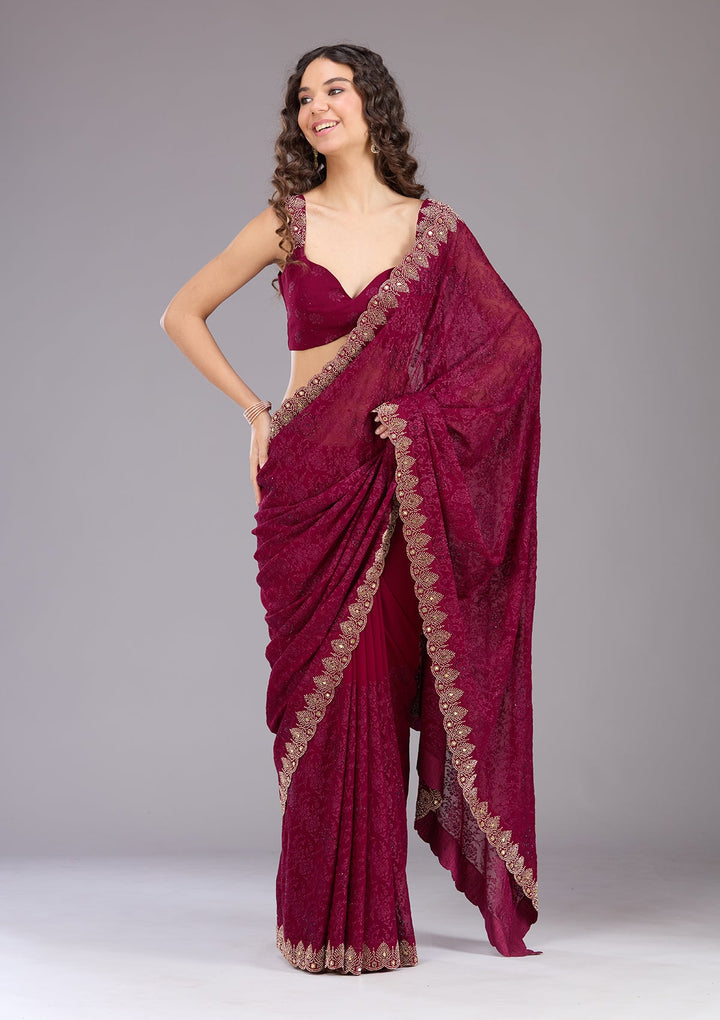 Wine Threadwork Georgette Saree