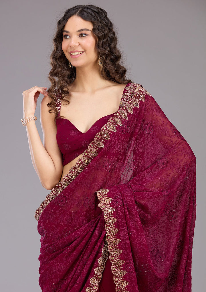 Wine Threadwork Georgette Saree
