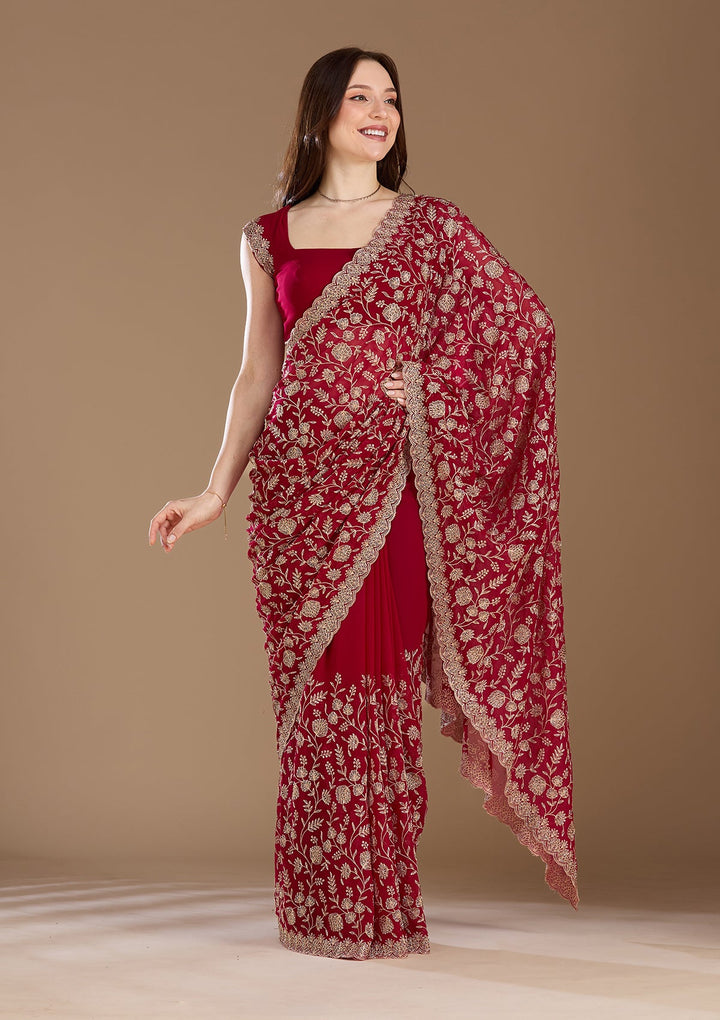 Magenta Pink Zariwork (Gold) Georgette Saree