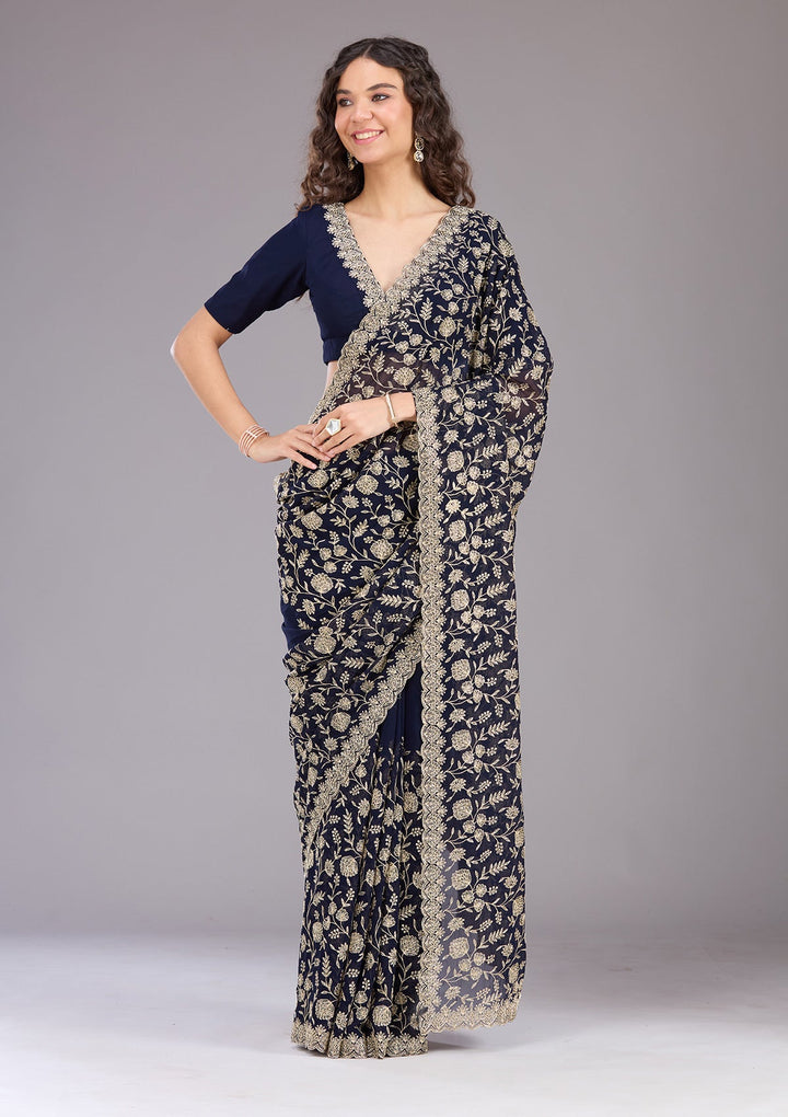 Navy Blue Zariwork (Gold) Georgette Saree