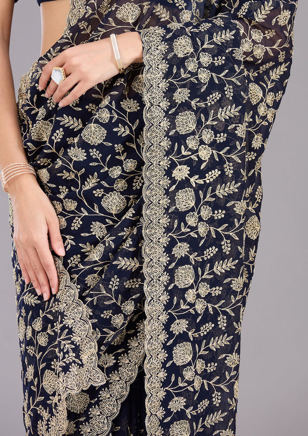 Navy Blue Zariwork (Gold) Georgette Saree